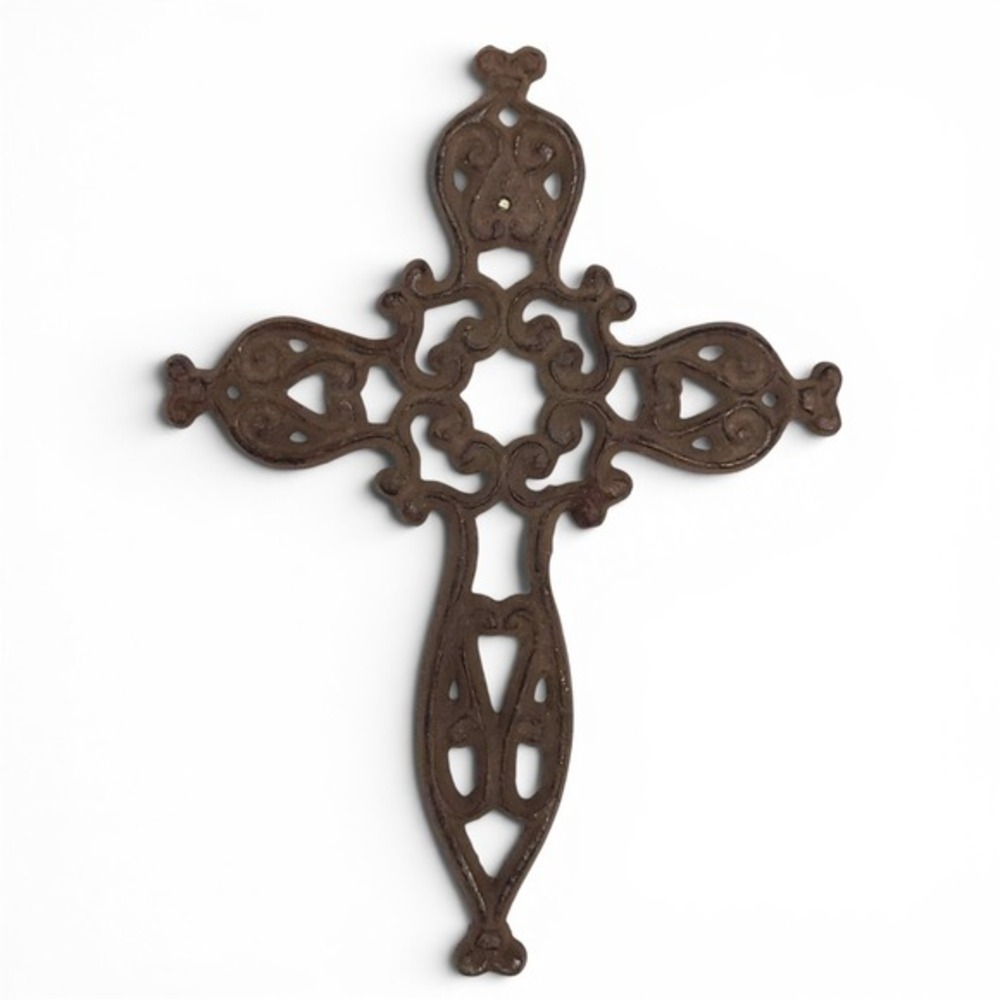 Cast‎ Iron Brown Rusted Metal Scalloped Hearts Christian Cross Rustic Wall Art